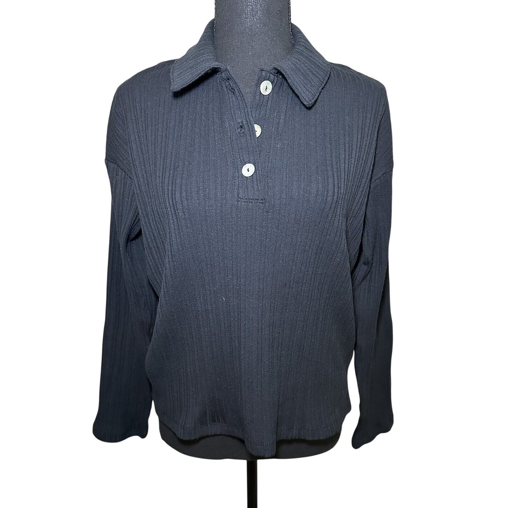 Madewell Womens Variegated Rib Boxy Black Long Sleeve Polo‎ Shirt SIZE XS